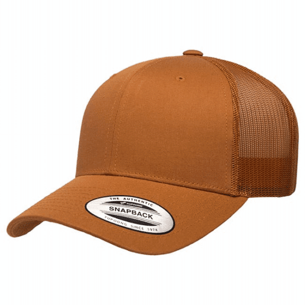 A brown trucker cap with a mesh back and a round logo patch on the front.