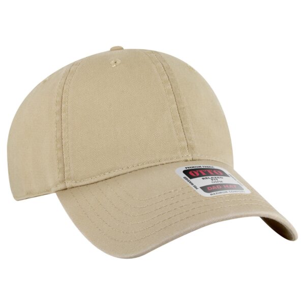 A beige 6-panel low profile dad cap with a curved brim and a logo on the front.