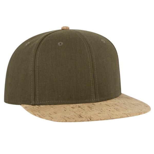 A green 6-panel mid-profile snapback cap with a cork visor and a logo on the front.
