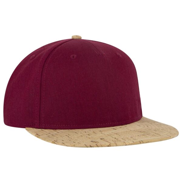A maroon snapback cap with a cork brim and a logo on the front.