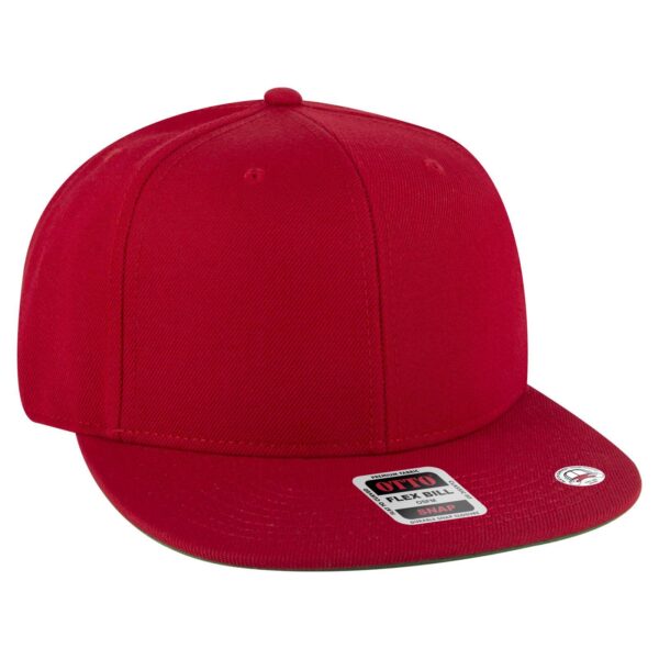 A red 6 panel mid profile snapback cap with a flat brim and a logo on the side.