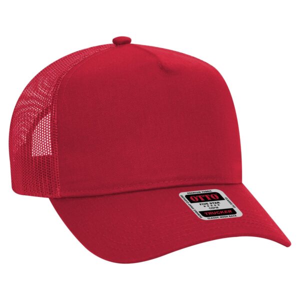 A red 5 panel mid profile trucker cap featuring a mesh back and a branded label on the front.