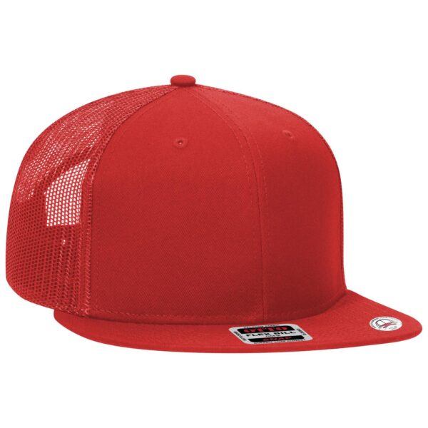 A red 6 panel mid profile trucker cap with a solid front and mesh back, featuring a logo on the side.