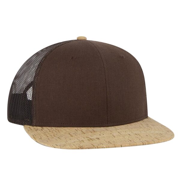 A brown trucker cap with a cork brim and mesh back, featuring a logo on the front.