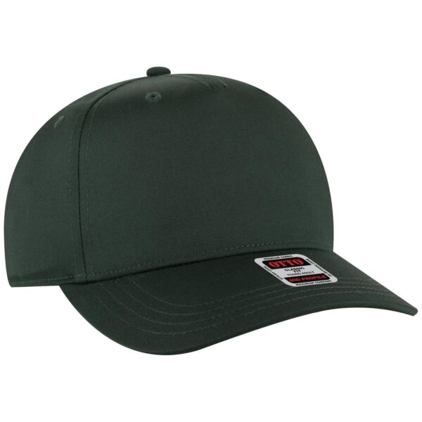 A dark green 5 panel mid crown baseball cap with a branded tag on the side.
