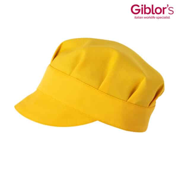 A yellow hat with a rounded top and a wide brim, featuring a branding logo.
