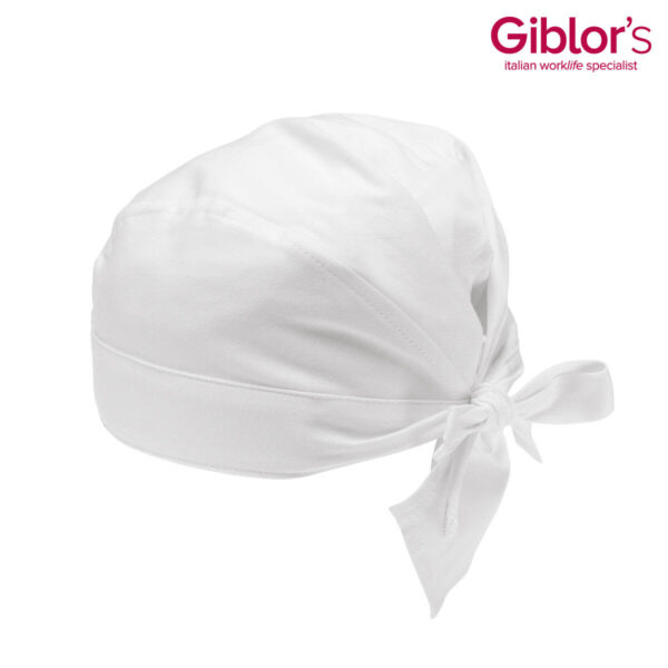 A white bandana with a tie closure at the back, featuring a logo.