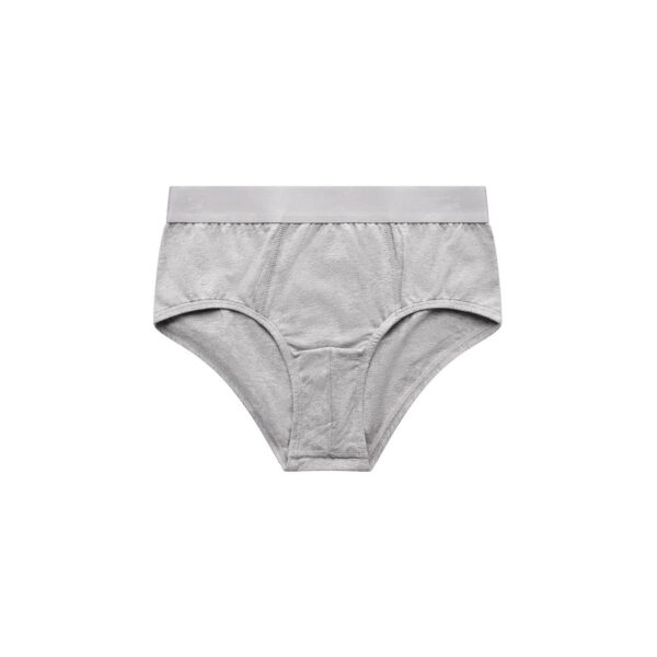 A pair of grey Y-Front Briefs with a contrasting waistband, featuring a logo.