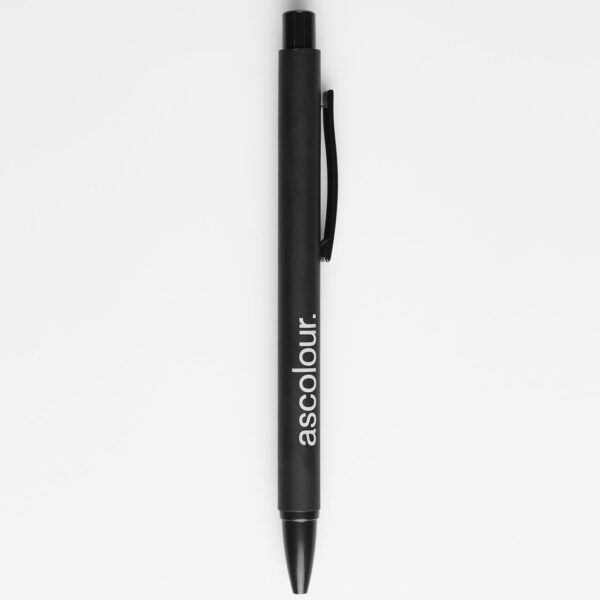 A black plastic pen with a clip, featuring a logo on its side.