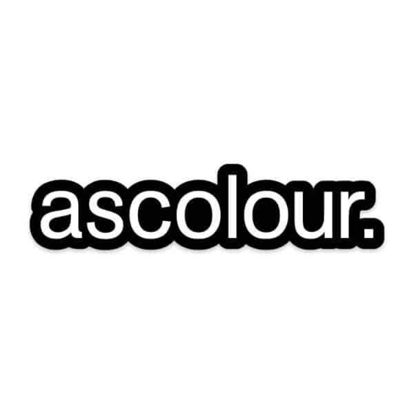 A black sticker featuring the text "ascolour." in a bold, rounded font on a white background.