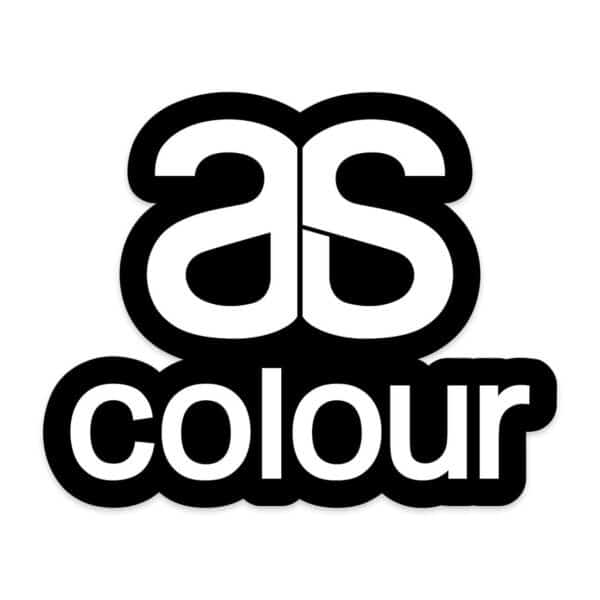 A black and white sticker featuring the text "as" and "colour". The design has a modern, bold style.