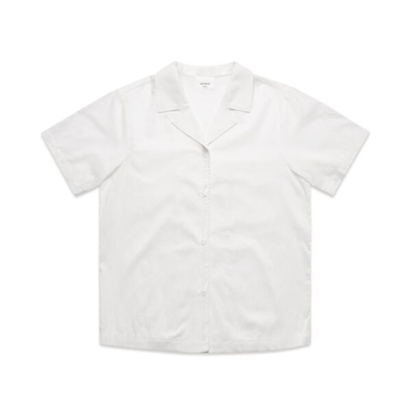 A white short-sleeve pyjama top with a collar and button front, featuring a subtle logo.