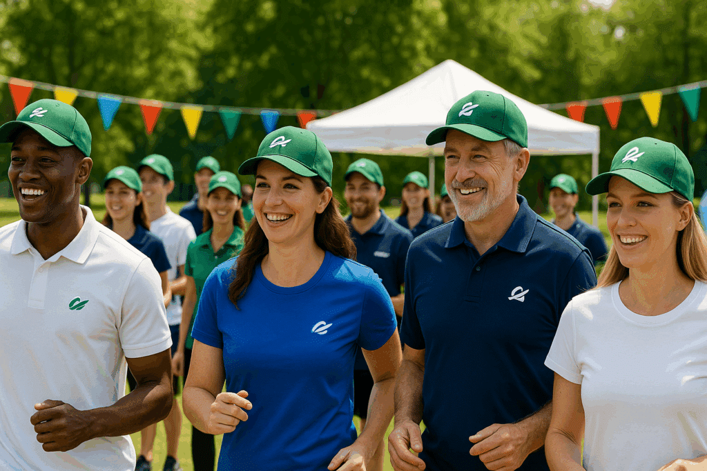Event photo with participants wearing matching branded caps