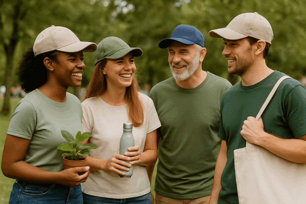 a group of people wearing Eco-Friendly Promotional Caps