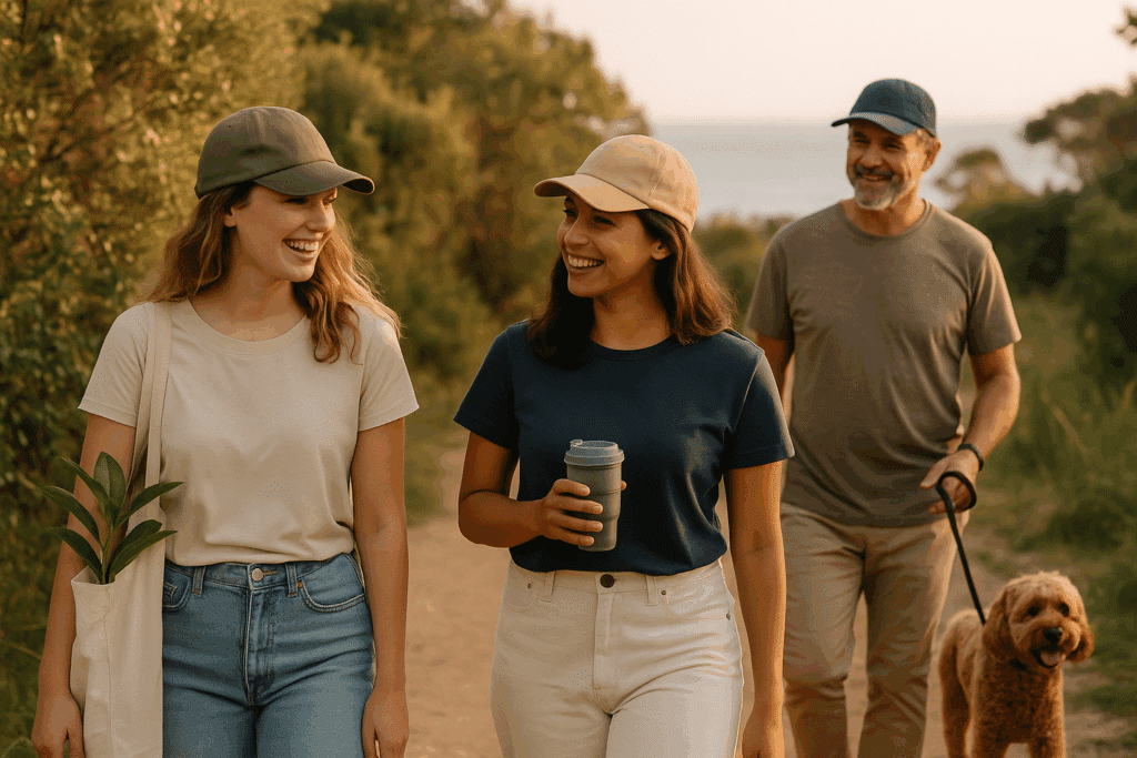 People of varied ages and backgrounds, wearing caps in neutral earthy colours