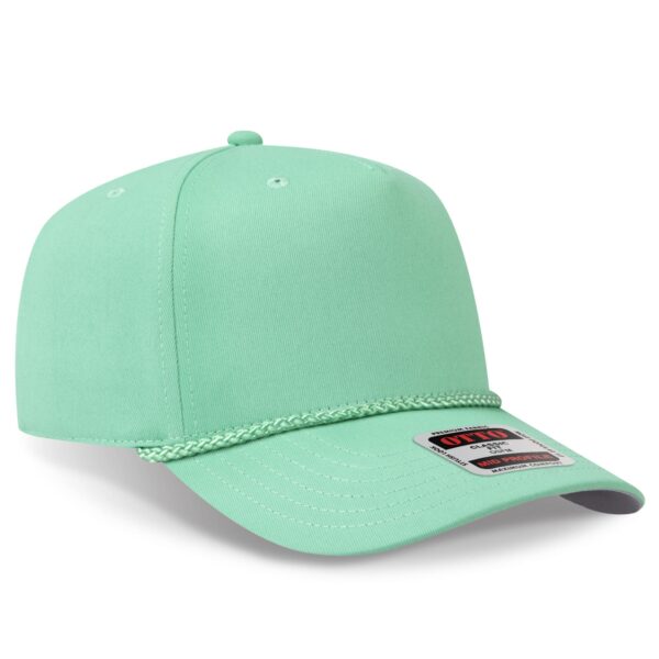 A mint green 5 panel mid profile baseball cap with a stitched brim and an attached branding label.