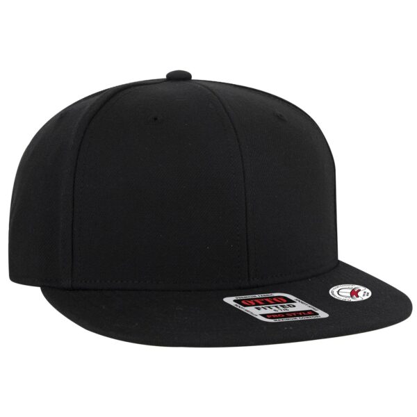A black fitted cap with a flat brim and a logo on the side, showcasing a clean, minimalist design.