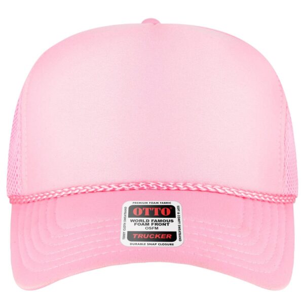 A pink 5-panel high crown trucker hat with a mesh back and a logo on the front.