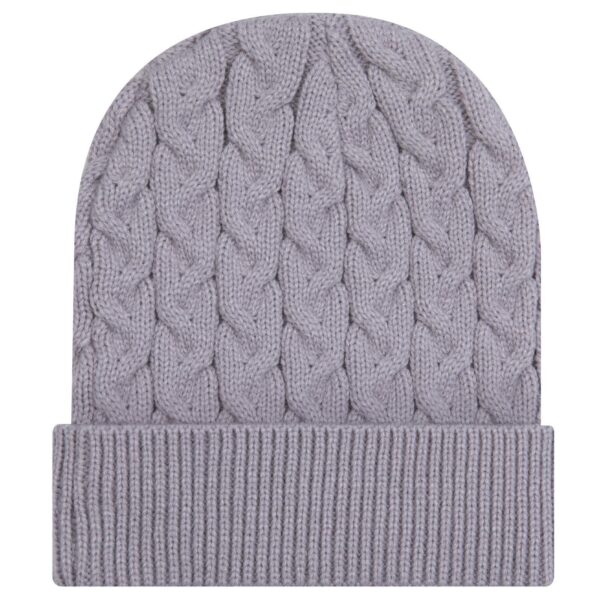 A lilac cable knit beanie featuring a rib knit cuff and an attached logo.