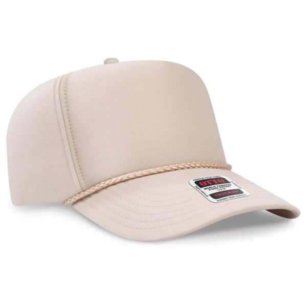 A beige 5 panel high crown full foam cap featuring a logo and a decorative rope detail on the front.