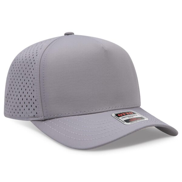 A grey 5-panel mid profile baseball cap with a perforated design and a logo on the front.
