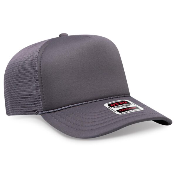 A grey high crown mesh back trucker hat with a fitted design and a logo label.