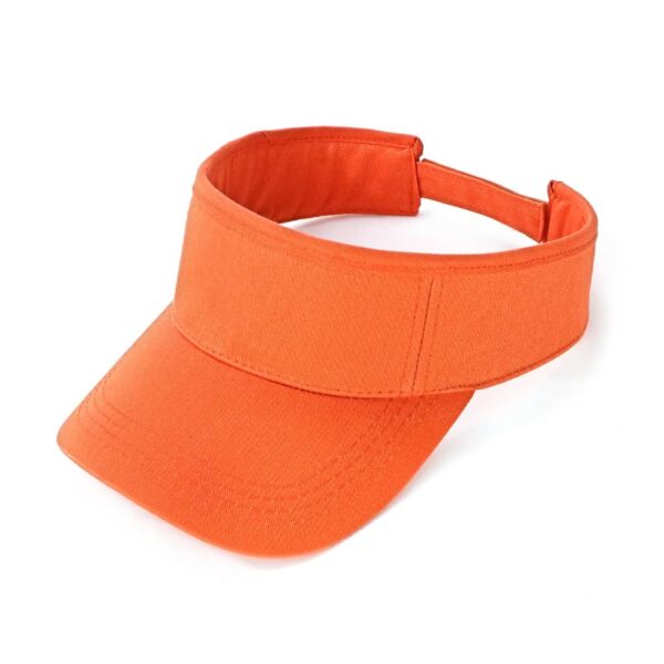 An orange visor with a wide brim and adjustable strap, featuring a logo on the front.