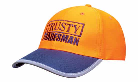 A cap featuring a bright orange top with a navy blue brim, displaying a logo on the front.