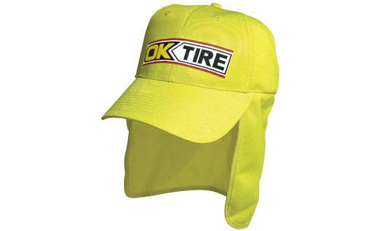 A bright yellow cap with a flap at the back, featuring a logo on the front.