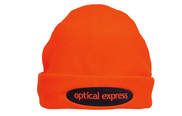 An orange beanie with a black band featuring a logo. It has a soft, warm fabric design.