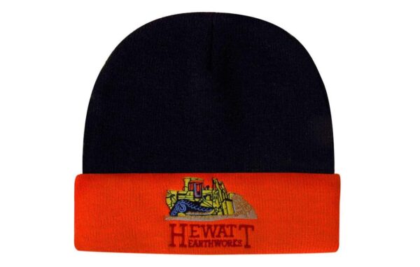 A luminescent acrylic beanie in black and orange, featuring a logo and an illustration of construction equipment.