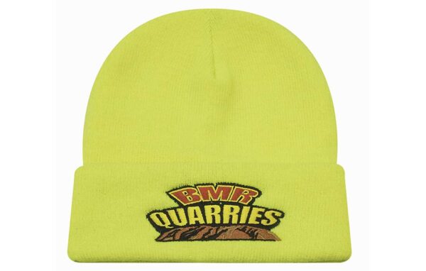 A luminescent safety acrylic beanie in bright yellow with a logo embroidered on the front.
