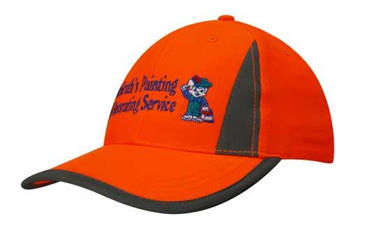 An orange cap with reflective inserts and grey trim, featuring a logo on the front.