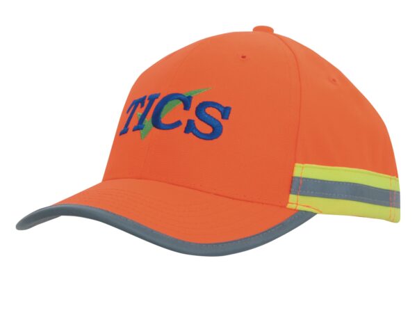 An orange cap featuring reflective tape and a logo. The cap has a grey brim and adjustable strap at the back.