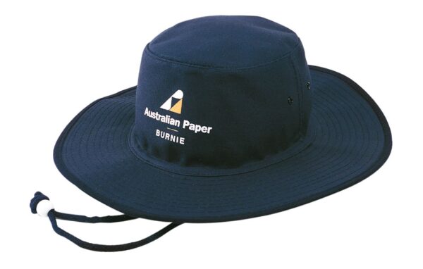 A navy blue canvas hat with a wide brim and a chin strap, featuring a logo on the front.