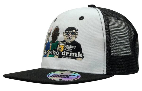 A black and white snapback cap featuring three cartoon characters with a logo and mesh backing.