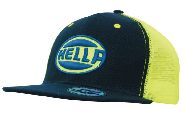 A navy blue cap with a bright yellow mesh back, featuring a logo on the front.