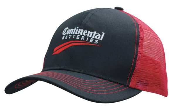 A black and red cap with a mesh back and a logo on the front.