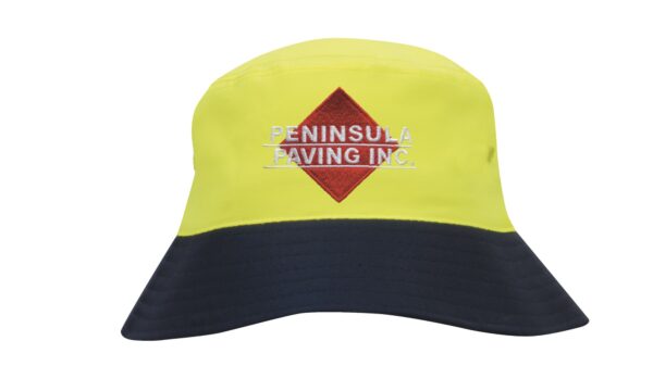A luminescent safety bucket hat in bright yellow and navy, featuring a logo on the front.