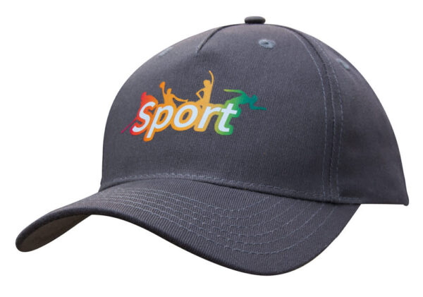 A grey cotton twill cap featuring a logo with vibrant colours and a curved brim.