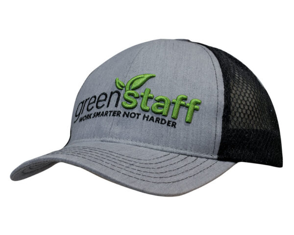 A grey cap with a black mesh back, featuring green and black branding on the front.