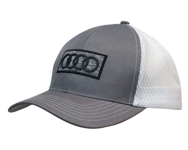 A grey cap with a mesh back featuring a logo on the front. The design includes a curved brim.