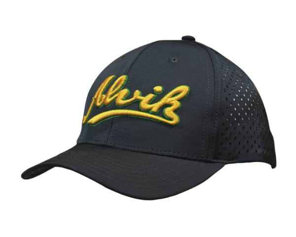 A black sports cap featuring yellow embroidery and perforated detailing. It has a logo on the front.