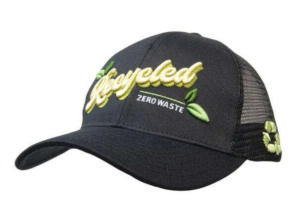 A black cap with a mesh back, featuring green embroidery and a logo. Made from recycled materials.