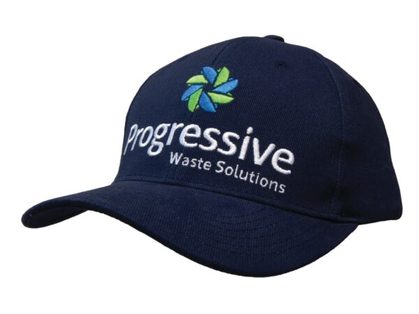 A navy cap made of heavy cotton, featuring an embroidered logo on the front.