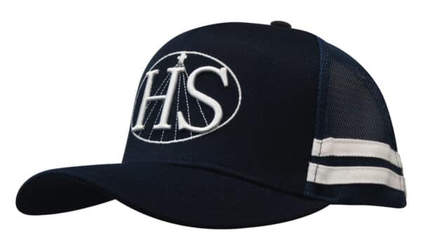 A navy blue trucker cap featuring a mesh back and white stripes, with an embroidered logo on the front.