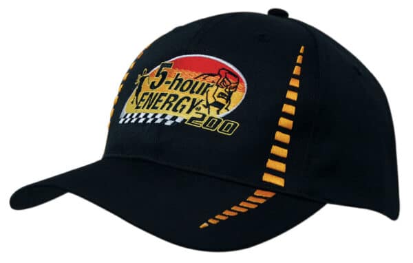 A black cap featuring a colourful logo and design, with orange and yellow accents, and decorative stitching.