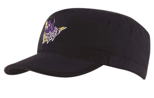 A black military cap featuring a logo on the front. The cap has a flat brim and a structured design.