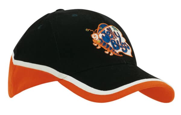 A tri-coloured cap featuring black, orange, and white details, with a logo on the front.