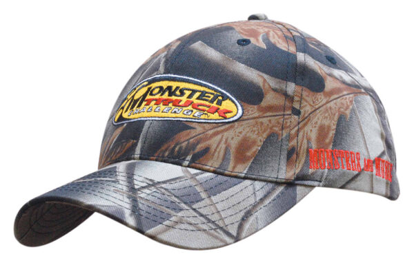 A camouflage cap featuring leaf prints in shades of brown and grey, with a logo on the front.